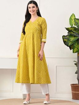 DECKEDUP - Yellow Bandhani Printed Gotta Patti Anarkali Kurta
