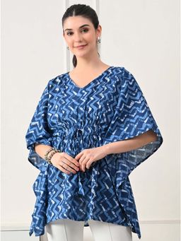DECKEDUP - Blue Geometric Printed Cotton V-Neck Top