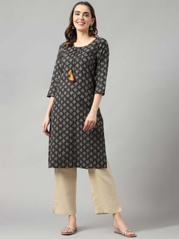 DECKEDUP - Black Floral Printed Tie-Up Neck Thread Work Cotton Straight Kurta
