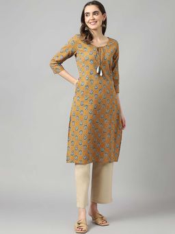 DECKEDUP - Mustard Ethnic Motifs Printed Tie-Up Neck Thread Work Cotton Straight Kurta