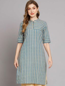 DECKEDUP - Beige Floral Printed Mandarin Collar Cotton Straight Kurta