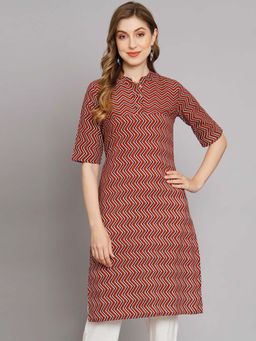DECKEDUP - Maroon Geometric Printed Mandarin Collar Cotton Kurta