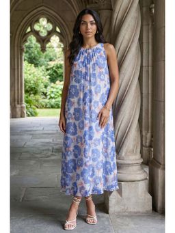 W - Blue Floral Printed Sleeveless Chiffon A-Line Dress