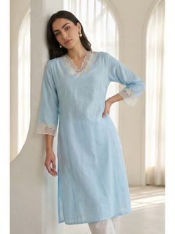 W - Light Blue Embroidered A-line Kurta