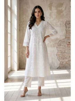 W - Off White Floral Printed Lace Pure Cotton Straight Kurta