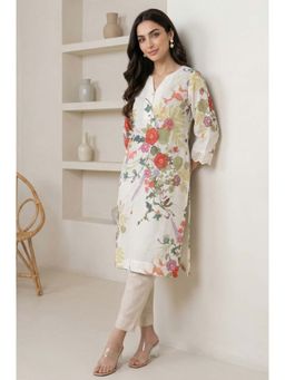 W - Off White Floral Printed Lace Pure Cotton Straight Kurta