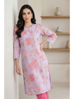 W - Lavender Floral Printed Lace Kota Straight Kurta