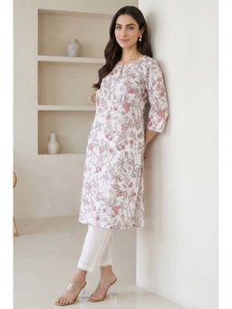 W - Off White Floral Printed Rayon Straight Kurta with Lace