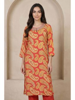 W - Rust Red Paisley Thread Embroidered Modal Straight Kurta