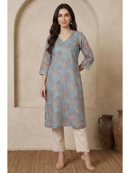W - Turquoise Blue Ethnic Motifs Lace Kota Straight Kurta