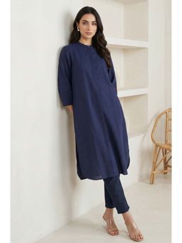 W - Navy Blue Solid Pure Cotton Straight Kurta