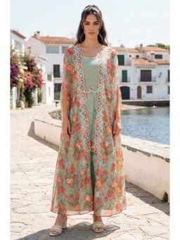 W - Green Thread Embroidered Chanderi Flared Dress with Floral Printed Cape Set