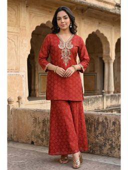 W - Red Metallic Embroidered Bandhani Straight Kurta