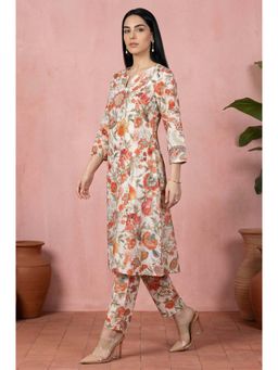 W - Off White Floral Printed Embroidered A-line Kurta