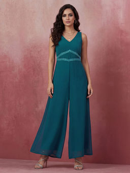 Globus - Women Teal V-Neck Sleeveless Embroidered Detail Georgette Jumpsuit