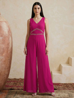 Globus - Women Pink V-Neck Sleeveless Embroidered Detail Georgette Jumpsuit