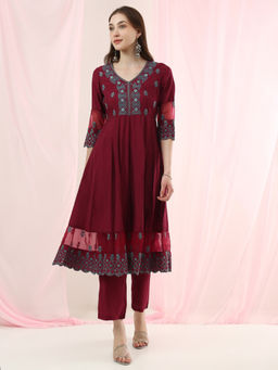 Globus - Magenta Silk Mirror Work Embroidered Kurta with Pant