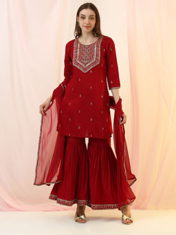 Globus - Wine Silk Mirror Work Embroidered Kurti With Sharara & Dupatta