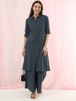 Globus - Blue Cotton Thread Work Stripes Kurta With Pants