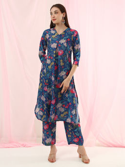 Globus - Blue Polyester Blend Printed Floral Kurta With Pants