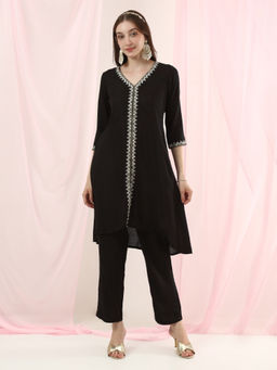Globus - Black Rayon Mirror Work Embroidered Kurta With Pants