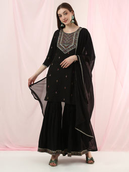 Globus - Black Silk Mirror Work Embroidered Kurti With Sharara & Dupatta