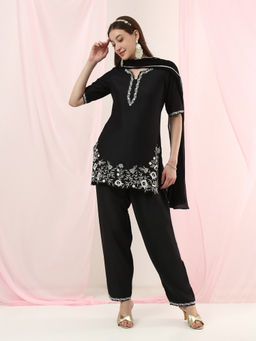 Globus - Black Silk Embroidered Floral Kurti With Pant & Dupatta
