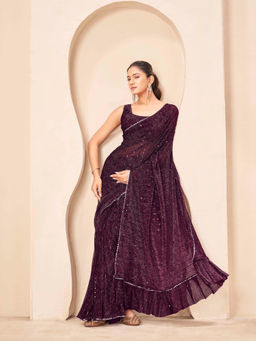 Tikhi Imli - Reay To Wear Burgundy Lycra Embellished Pre-Draped Saree With Unstitched Blouse