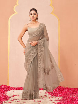 Tikhi Imli - Grey Net Embroidered Saree With Unstitched Blouse