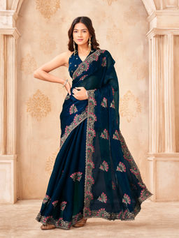 Tikhi Imli - Navy Blue Chiffon Embroidered Handloom Saree With Unstitched Blouse