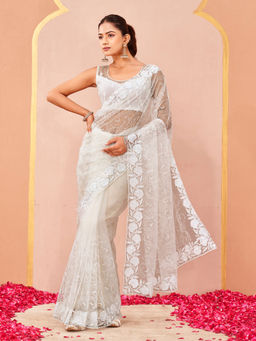 Tikhi Imli - White Net Embroidered Saree With Unstitched Blouse