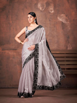 Tikhi Imli - Grey Satin Lace Work Embroidered Saree With Unstitched Blouse
