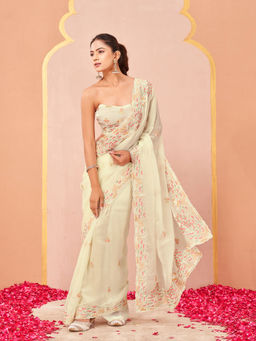 Tikhi Imli - Cream Georgette Thread Work Embroidered Saree With Unstitched Blouse