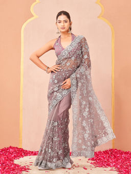 Tikhi Imli - Mauve Net Zari Embroidered Saree With Unstitched Blouse