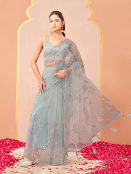 Tikhi Imli - Blue Net Thread Work Embroidered Saree With Unstitched Blouse