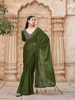 Tikhi Imli - Reay To Wear Green Satin Plain Pre-Draped Saree With Unstitched Blouse