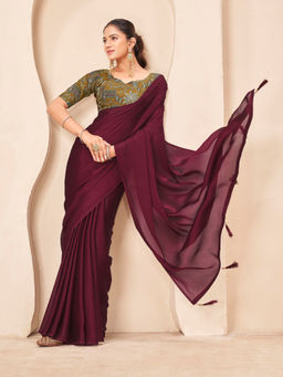 Tikhi Imli - Reay To Wear Maroon Chiffon Plain Pre-Draped Saree With Unstitched Blouse