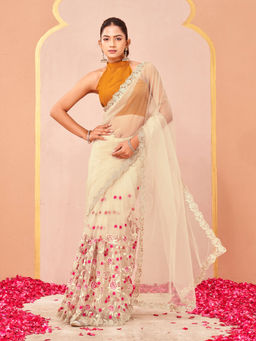 Tikhi Imli - Cream Net Thread Work Embroidered Saree With Unstitched Blouse