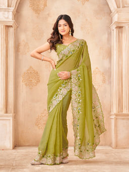 Tikhi Imli - Green Chiffon Zari Embroidered Saree With Unstitched Blouse