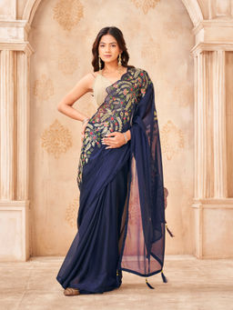Tikhi Imli - Blue Georgette Embroidered Saree With Unstitched Blouse