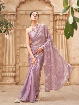 Tikhi Imli - Reay To Wear Mauve Satin Lace Work Pre-Draped Saree With Unstitched Blouse