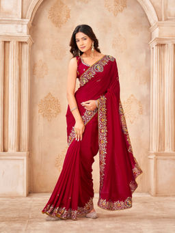 Tikhi Imli - Red Georgette Embroidered Saree With Unstitched Blouse