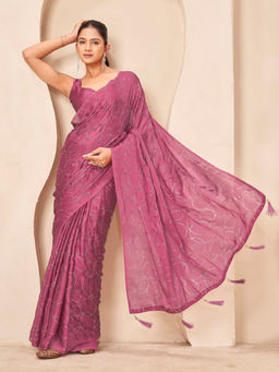 Tikhi Imli - Reay To Wear Pink Satin Tassels Pre-Draped Saree With Unstitched Blouse