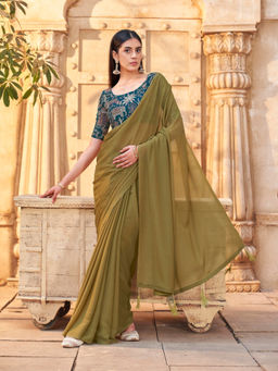 Tikhi Imli - Reay To Wear Green Georgette Tassels Pre-Draped Saree With Unstitched Blouse