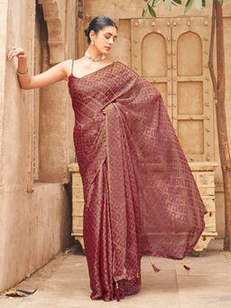 Tikhi Imli - Reay To Wear Maroon Georgette Tassels Pre-Draped Saree With Unstitched Blouse