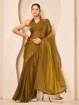 Tikhi Imli - Reay To Wear Gold Satin Tassels Pre-Draped Saree With Unstitched Blouse