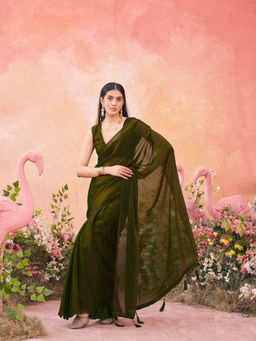 Tikhi Imli - Reay To Wear Green Satin Tassels Pre-Draped Saree With Unstitched Blouse