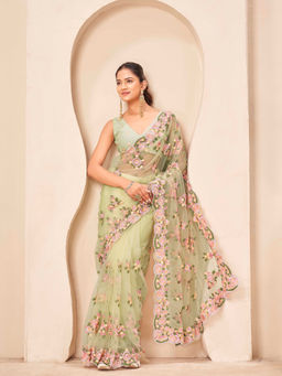 Tikhi Imli - Green Net Thread Work Embroidered Saree With Unstitched Blouse