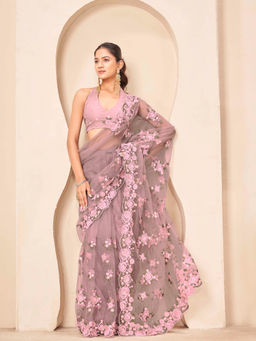 Tikhi Imli - Pink Net Thread Work Embroidered Saree With Unstitched Blouse