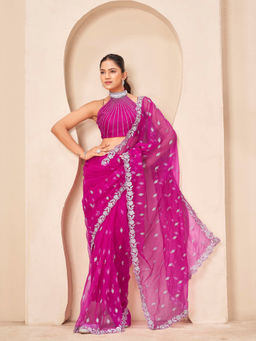Tikhi Imli - Pink Net Beads And Stones Embroidered Saree With Unstitched Blouse